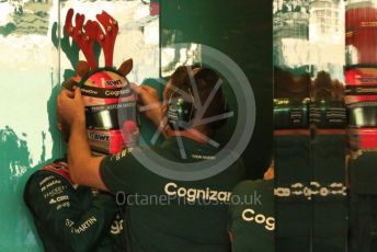 World © Octane Photographic Ltd. Formula 1 – F1 Young Driver and Tyre Test. Aston Martin Cognizant F1 Team Mule Car – Sebastian Vettel with Christmas antlers. Yas Marina Circuit, Abu Dhabi. Tuesday 14th December 2021.