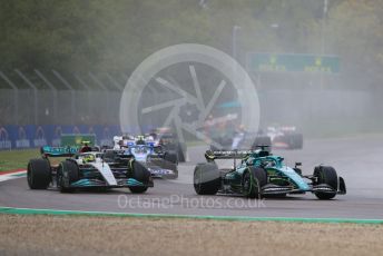 World © Octane Photographic Ltd. Formula 1 – Emilia Romagna Grand Prix – Imola, Italy. Friday 24th April 2022 Race. Mercedes-AMG Petronas F1 Team F1 W13 - Lewis Hamilton and Aston Martin Aramco Cognizant F1 Team AMR22 - Lance Stroll.