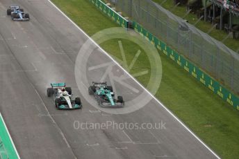 World © Octane Photographic Ltd. Formula 1 – Emilia Romagna Grand Prix – Imola, Italy. Friday 24th April 2022 Race. Mercedes-AMG Petronas F1 Team F1 W13 - Lewis Hamilton and Aston Martin Aramco Cognizant F1 Team AMR22 - Lance Stroll.