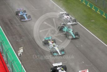World © Octane Photographic Ltd. Formula 1 – Emilia Romagna Grand Prix – Imola, Italy. Friday 24th April 2022 Race. Mercedes-AMG Petronas F1 Team F1 W13 - Lewis Hamilton and Aston Martin Aramco Cognizant F1 Team AMR22 - Lance Stroll.
