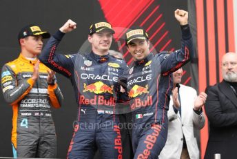 World © Octane Photographic Ltd. Formula 1 – Emilia Romagna Grand Prix – Imola, Italy. Friday 24th April 2022 Podium. Oracle Red Bull Racing RB18 – Max Verstappen and Sergio Perez and McLaren F1 Team MCL36 - Lando Norris.
