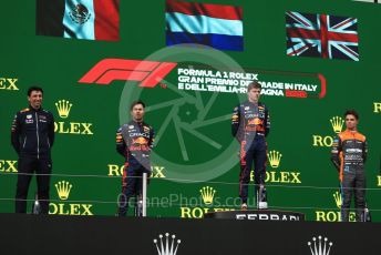 World © Octane Photographic Ltd. Formula 1 – Emilia Romagna Grand Prix – Imola, Italy. Friday 24th April 2022 Podium. Oracle Red Bull Racing RB18 – Max Verstappen and Sergio Perez and McLaren F1 Team MCL36 - Lando Norris.