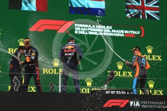 World © Octane Photographic Ltd. Formula 1 – Emilia Romagna Grand Prix – Imola, Italy. Friday 24th April 2022 Podium. Oracle Red Bull Racing RB18 – Max Verstappen and Sergio Perez and McLaren F1 Team MCL36 - Lando Norris.