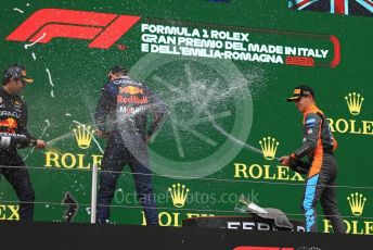 World © Octane Photographic Ltd. Formula 1 – Emilia Romagna Grand Prix – Imola, Italy. Friday 24th April 2022 Podium. Oracle Red Bull Racing RB18 – Max Verstappen and Sergio Perez and McLaren F1 Team MCL36 - Lando Norris.