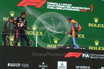 World © Octane Photographic Ltd. Formula 1 – Emilia Romagna Grand Prix – Imola, Italy. Friday 24th April 2022 Podium. Oracle Red Bull Racing RB18 – Max Verstappen and Sergio Perez and McLaren F1 Team MCL36 - Lando Norris.