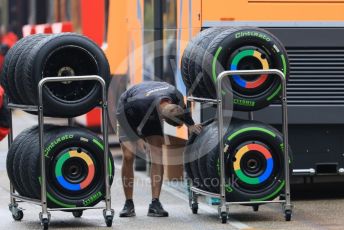 World © Octane Photographic Ltd. Formula 1 – Emilia Romagna Grand Prix – Imola, Italy. Thursday 21st April 2022 Paddock and Setup.McLaren F1 Team wheels and Pirelli tyres