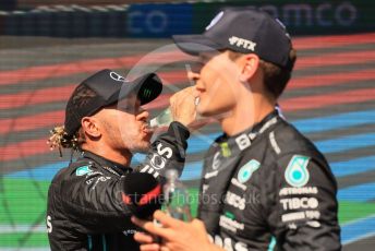 World © Octane Photographic Ltd. Formula 1 – French Grand Prix - Paul Ricard - Le Castellet. Sunday 24th July 2022 Parc Ferme. Mercedes-AMG Petronas F1 Team F1 W13 - Lewis Hamilton. and George Russell.