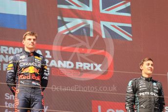 World © Octane Photographic Ltd. Formula 1 – French Grand Prix - Paul Ricard - Le Castellet. Sunday 24th July 2022 Podium. Oracle Red Bull Racing RB18 – Max Verstappen and Mercedes-AMG Petronas F1 Team F1 W13 - George Russell.