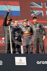 World © Octane Photographic Ltd. Formula 1 – French Grand Prix - Paul Ricard - Le Castellet. Sunday 24th July 2022 Podium. Oracle Red Bull Racing RB18 – Max Verstappen and Peirre Wache Technical Director, Mercedes-AMG Petronas F1 Team F1 W13 - Lewis Hamilton and George Russell.