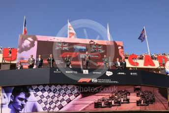 World © Octane Photographic Ltd. Formula 1 – French Grand Prix - Paul Ricard - Le Castellet. Sunday 24th July 2022 Podium. Oracle Red Bull Racing RB18 – Max Verstappen and Peirre Wache Technical Director, Mercedes-AMG Petronas F1 Team F1 W13 - Lewis Hamilton and George Russell.