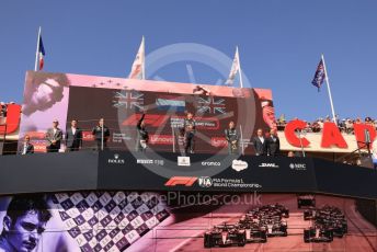 World © Octane Photographic Ltd. Formula 1 – French Grand Prix - Paul Ricard - Le Castellet. Sunday 24th July 2022 Podium. Oracle Red Bull Racing RB18 – Max Verstappen and Peirre Wache Technical Director, Mercedes-AMG Petronas F1 Team F1 W13 - Lewis Hamilton and George Russell.