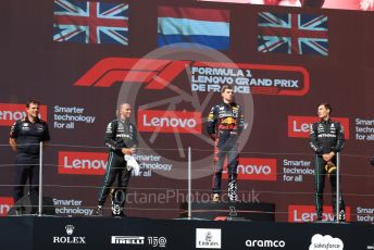 World © Octane Photographic Ltd. Formula 1 – French Grand Prix - Paul Ricard - Le Castellet. Sunday 24th July 2022 Podium. Oracle Red Bull Racing RB18 – Max Verstappen and Peirre Wache Technical Director, Mercedes-AMG Petronas F1 Team F1 W13 - Lewis Hamilton and George Russell.