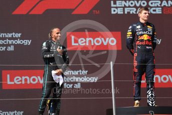 World © Octane Photographic Ltd. Formula 1 – French Grand Prix - Paul Ricard - Le Castellet. Sunday 24th July 2022 Podium. Oracle Red Bull Racing RB18 – Max Verstappen and Mercedes-AMG Petronas F1 Team F1 W13 - Lewis Hamilton.