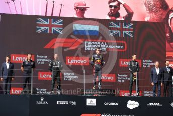 World © Octane Photographic Ltd. Formula 1 – French Grand Prix - Paul Ricard - Le Castellet. Sunday 24th July 2022 Podium. Oracle Red Bull Racing RB18 – Max Verstappen and Peirre Wache Technical Director, Mercedes-AMG Petronas F1 Team F1 W13 - Lewis Hamilton and George Russell.