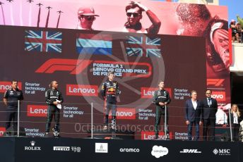 World © Octane Photographic Ltd. Formula 1 – French Grand Prix - Paul Ricard - Le Castellet. Sunday 24th July 2022 Podium. Oracle Red Bull Racing RB18 – Max Verstappen and Peirre Wache Technical Director, Mercedes-AMG Petronas F1 Team F1 W13 - Lewis Hamilton and George Russell.