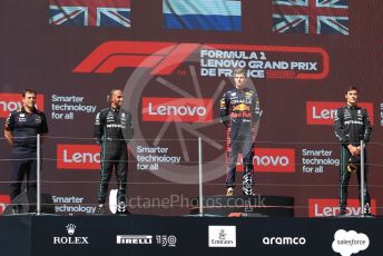 World © Octane Photographic Ltd. Formula 1 – French Grand Prix - Paul Ricard - Le Castellet. Sunday 24th July 2022 Podium. Oracle Red Bull Racing RB18 – Max Verstappen and Peirre Wache Technical Director, Mercedes-AMG Petronas F1 Team F1 W13 - Lewis Hamilton and George Russell.