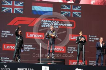 World © Octane Photographic Ltd. Formula 1 – French Grand Prix - Paul Ricard - Le Castellet. Sunday 24th July 2022 Podium. Oracle Red Bull Racing RB18 – Max Verstappen, Mercedes-AMG Petronas F1 Team F1 W13 - Lewis Hamilton and George Russell.