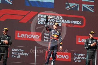 World © Octane Photographic Ltd. Formula 1 – French Grand Prix - Paul Ricard - Le Castellet. Sunday 24th July 2022 Podium. Oracle Red Bull Racing RB18 – Max Verstappen, Mercedes-AMG Petronas F1 Team F1 W13 - Lewis Hamilton and George Russell.