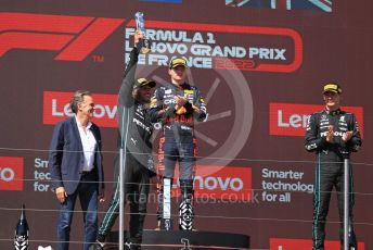 World © Octane Photographic Ltd. Formula 1 – French Grand Prix - Paul Ricard - Le Castellet. Sunday 24th July 2022 Podium. Oracle Red Bull Racing RB18 – Max Verstappen, Mercedes-AMG Petronas F1 Team F1 W13 - Lewis Hamilton and George Russell.