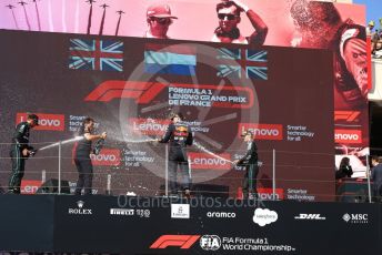 World © Octane Photographic Ltd. Formula 1 – French Grand Prix - Paul Ricard - Le Castellet. Sunday 24th July 2022 Podium. Oracle Red Bull Racing RB18 – Max Verstappen and Peirre Wache Technical Director, Mercedes-AMG Petronas F1 Team F1 W13 - Lewis Hamilton and George Russell.