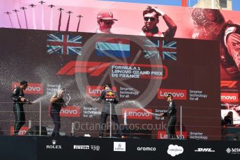 World © Octane Photographic Ltd. Formula 1 – French Grand Prix - Paul Ricard - Le Castellet. Sunday 24th July 2022 Podium. Oracle Red Bull Racing RB18 – Max Verstappen and Peirre Wache Technical Director, Mercedes-AMG Petronas F1 Team F1 W13 - Lewis Hamilton and George Russell.