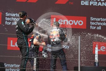 World © Octane Photographic Ltd. Formula 1 – French Grand Prix - Paul Ricard - Le Castellet. Sunday 24th July 2022 Podium. Oracle Red Bull Racing RB18 – Max Verstappen and Peirre Wache Technical Director, Mercedes-AMG Petronas F1 Team F1 W13 - Lewis Hamilton.