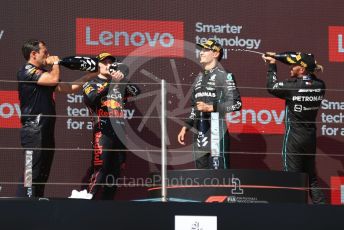 World © Octane Photographic Ltd. Formula 1 – French Grand Prix - Paul Ricard - Le Castellet. Sunday 24th July 2022 Podium. Oracle Red Bull Racing RB18 – Max Verstappen and Peirre Wache Technical Director, Mercedes-AMG Petronas F1 Team F1 W13 - Lewis Hamilton and George Russell.