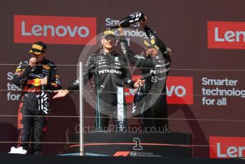 World © Octane Photographic Ltd. Formula 1 – French Grand Prix - Paul Ricard - Le Castellet. Sunday 24th July 2022 Podium. Oracle Red Bull Racing RB18 – Max Verstappen and Mercedes-AMG Petronas F1 Team F1 W13 - Lewis Hamilton and George Russell.