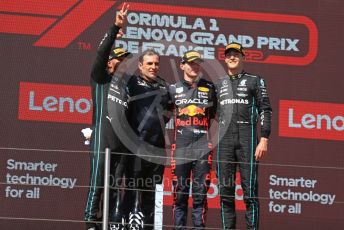 World © Octane Photographic Ltd. Formula 1 – French Grand Prix - Paul Ricard - Le Castellet. Sunday 24th July 2022 Podium. Oracle Red Bull Racing RB18 – Max Verstappen and Peirre Wache Technical Director, Mercedes-AMG Petronas F1 Team F1 W13 - Lewis Hamilton and George Russell.