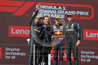 World © Octane Photographic Ltd. Formula 1 – French Grand Prix - Paul Ricard - Le Castellet. Sunday 24th July 2022 Podium. Oracle Red Bull Racing RB18 – Max Verstappen and Peirre Wache Technical Director, Mercedes-AMG Petronas F1 Team F1 W13 - Lewis Hamilton and George Russell.