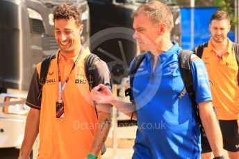 World © Octane Photographic Ltd. Formula 1 – French Grand Prix - Paul Ricard - Le Castellet. Saturday 23rd July 2022 Paddock. McLaren F1 Team MCL36 - Daniel Ricciardo and Alpine F1 Team Sporting Director Alan Permane