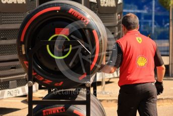 World © Octane Photographic Ltd. Formula 1 – French Grand Prix - Paul Ricard - Le Castellet. Sunday 24th July 2022 Paddock. Scuderia Ferrari mechanic with Pirelli soft tyres.