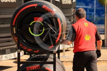 World © Octane Photographic Ltd. Formula 1 – French Grand Prix - Paul Ricard - Le Castellet. Sunday 24th July 2022 Paddock. Scuderia Ferrari mechanic with Pirelli soft tyres.