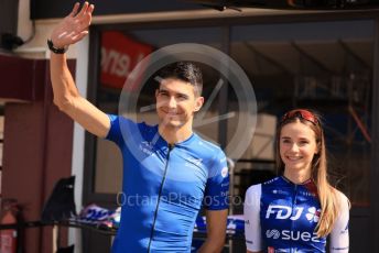 World © Octane Photographic Ltd. Formula 1 – French Grand Prix - Paul Ricard - Le Castellet. Thursday 21st July 2022 Paddock. BWT Alpine F1 Team A522 - Esteban Ocon and Team FDJ cyclist Évita Muzic.