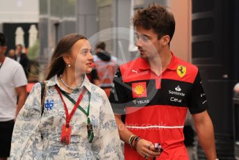 World © Octane Photographic Ltd. Formula 1– Hungarian Grand Prix - Hungaroring, Hungary. Sunday 31st July 2022 Paddock. Scuderia Ferrari F1-75 - Charles Leclerc and girlfriend Charlotte Sine.
