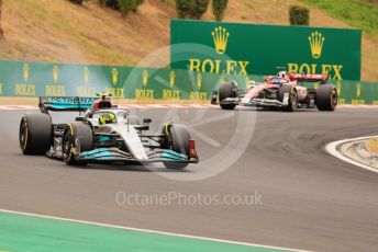 World © Octane Photographic Ltd. Formula 1– Hungarian Grand Prix - Hungaroring, Hungary. Sunday 31st July 2022 Race Green Flag lap. Mercedes-AMG Petronas F1 Team F1 W13 - Lewis Hamilton and Alfa Romeo F1 Team Orlen C42 - Valtteri Bottas.