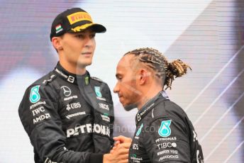 World © Octane Photographic Ltd. Formula 1– Hungarian Grand Prix - Hungaroring, Hungary. Sunday 31st July 2022 Podium. Mercedes-AMG Petronas F1 Team F1 W13 - Lewis Hamilton and George Russell.