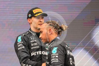 World © Octane Photographic Ltd. Formula 1– Hungarian Grand Prix - Hungaroring, Hungary. Sunday 31st July 2022 Podium. Mercedes-AMG Petronas F1 Team F1 W13 - Lewis Hamilton and George Russell.