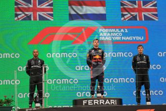 World © Octane Photographic Ltd. Formula 1– Hungarian Grand Prix - Hungaroring, Hungary. Sunday 31st July 2022 Podium. Oracle Red Bull Racing RB18 – Max Verstappen with Mercedes-AMG Petronas F1 Team F1 W13 - Lewis Hamilton and George Russell.