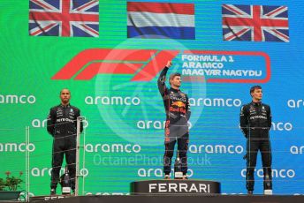 World © Octane Photographic Ltd. Formula 1– Hungarian Grand Prix - Hungaroring, Hungary. Sunday 31st July 2022 Podium. Oracle Red Bull Racing RB18 – Max Verstappen with Mercedes-AMG Petronas F1 Team F1 W13 - Lewis Hamilton and George Russell.