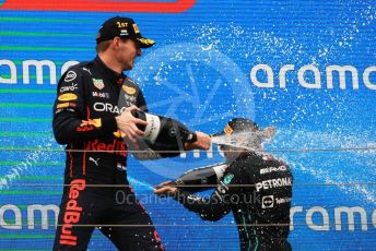World © Octane Photographic Ltd. Formula 1– Hungarian Grand Prix - Hungaroring, Hungary. Sunday 31st July 2022 Podium. Oracle Red Bull Racing RB18 – Max Verstappen and Mercedes-AMG Petronas F1 Team F1 W13 - Lewis Hamilton.