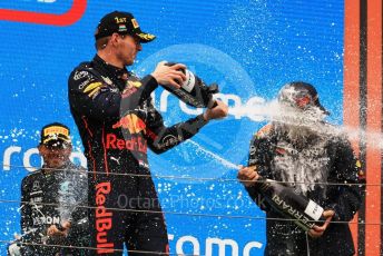 World © Octane Photographic Ltd. Formula 1– Hungarian Grand Prix - Hungaroring, Hungary. Sunday 31st July 2022 Podium. Oracle Red Bull Racing RB18 – Max Verstappen and Oracle Red Bull Racing Chief Technology Officer - Adrian Newey.