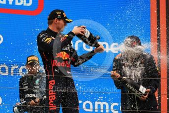 World © Octane Photographic Ltd. Formula 1– Hungarian Grand Prix - Hungaroring, Hungary. Sunday 31st July 2022 Podium. Oracle Red Bull Racing RB18 – Max Verstappen and Oracle Red Bull Racing Chief Technology Officer - Adrian Newey.