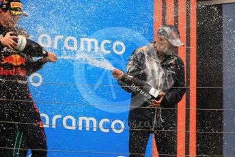 World © Octane Photographic Ltd. Formula 1– Hungarian Grand Prix - Hungaroring, Hungary. Sunday 31st July 2022 Podium. Oracle Red Bull Racing RB18 – Max Verstappen and Oracle Red Bull Racing Chief Technology Officer - Adrian Newey.