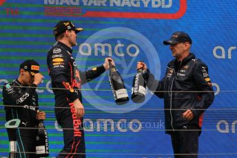 World © Octane Photographic Ltd. Formula 1– Hungarian Grand Prix - Hungaroring, Hungary. Sunday 31st July 2022 Podium. Oracle Red Bull Racing RB18 – Max Verstappen and Oracle Red Bull Racing Chief Technology Officer - Adrian Newey.
