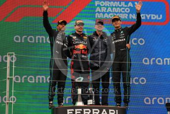 World © Octane Photographic Ltd. Formula 1– Hungarian Grand Prix - Hungaroring, Hungary. Sunday 31st July 2022 Podium. Oracle Red Bull Racing RB18 – Max Verstappen and Chief Technology Officer - Adrian Newey with Mercedes-AMG Petronas F1 Team F1 W13 - Lewis Hamilton and George Russell.