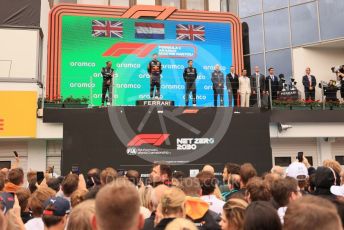 World © Octane Photographic Ltd. Formula 1– Hungarian Grand Prix - Hungaroring, Hungary. Sunday 31st July 2022 Podium. Oracle Red Bull Racing RB18 – Max Verstappen and Chief Technology Officer - Adrian Newey with Mercedes-AMG Petronas F1 Team F1 W13 - Lewis Hamilton and George Russell.