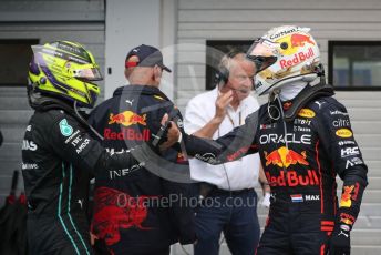 World © Octane Photographic Ltd. Formula 1– Hungarian Grand Prix - Hungaroring, Hungary. Sunday 31st July 2022 Parc Ferme. Oracle Red Bull Racing RB18 – Max Verstappen and Mercedes-AMG Petronas F1 Team F1 W13 - Lewis Hamilton..