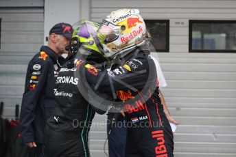 World © Octane Photographic Ltd. Formula 1– Hungarian Grand Prix - Hungaroring, Hungary. Sunday 31st July 2022 Parc Ferme. Oracle Red Bull Racing RB18 – Max Verstappen and Mercedes-AMG Petronas F1 Team F1 W13 - Lewis Hamilton..