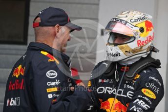 World © Octane Photographic Ltd. Formula 1– Hungarian Grand Prix - Hungaroring, Hungary. Sunday 31st July 2022 Parc Ferme. Oracle Red Bull Racing RB18 – Max Verstappen and Chief Technology Officer - Adrian Newey.